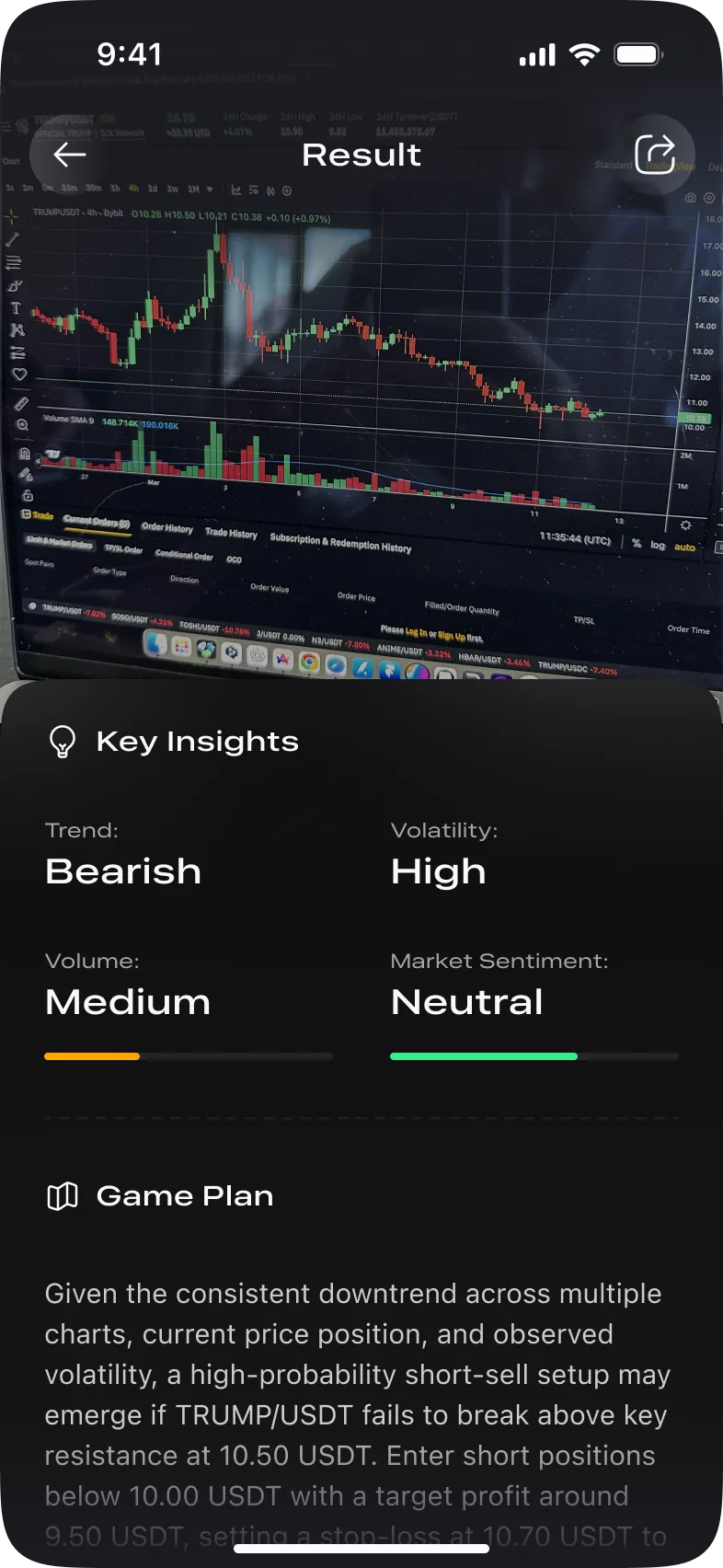 Экран AI-анализа с Key Insights и Game Plan