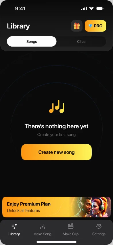 Пустое состояние библиотеки MusicGen AI с кнопкой создания первого трека