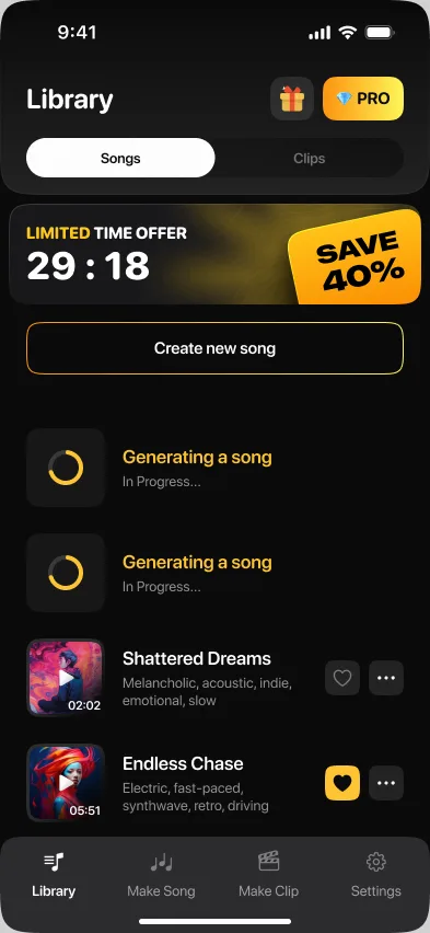 Библиотека MusicGen AI со статусами генерации и списком треков