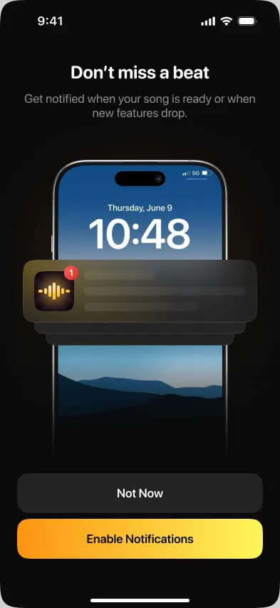Экран MusicGen AI с включением уведомлений о готовом треке