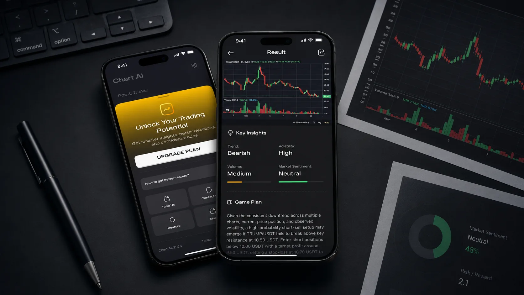 AI Trade cover mockup with phones showing Chart AI trading insights and market analysis screens