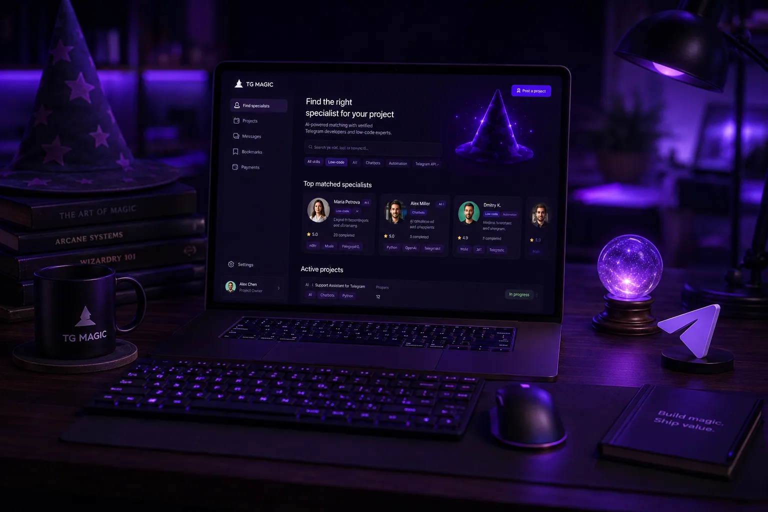 TG Magic workspace with laptop dashboard, wizard hat, and purple ambient lighting